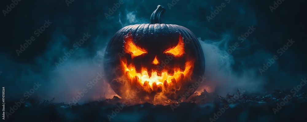 Pumpkin carved with a phantom s mask, ghostly spirits hovering around, Halloween night Pumpkin carved with a phantom s mask, ghostly spirits hovering around, Halloween night