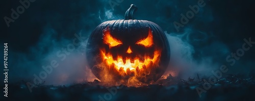 Pumpkin carved with a phantom s mask, ghostly spirits hovering around, Halloween night photo