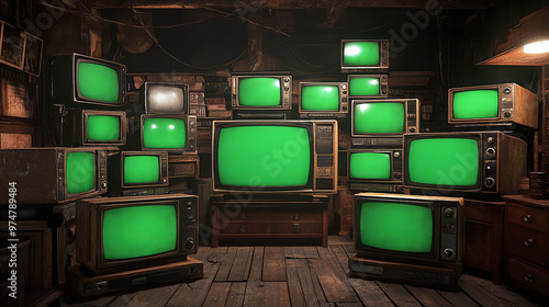 artistic 3d rendered composition stack old classic television with green screen monitors random positions in empty room dynamic composition cinematic lighting video element chroma key video element