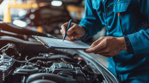 Car check in a garage by a man with a checklist, safe driving concept, economic driving concept