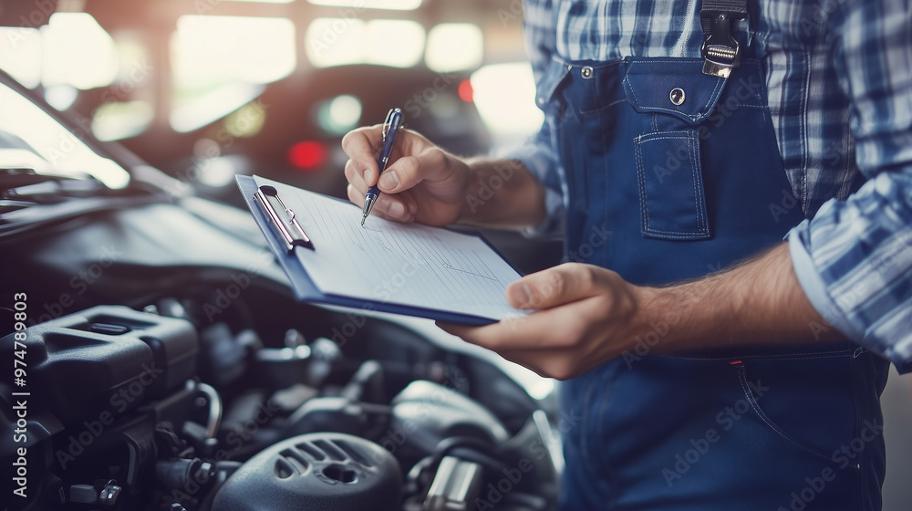 Car check in a garage by a man with a checklist, safe driving concept, economic driving concept Car check in a garage by a man with a checklist, safe driving concept, economic driving concept