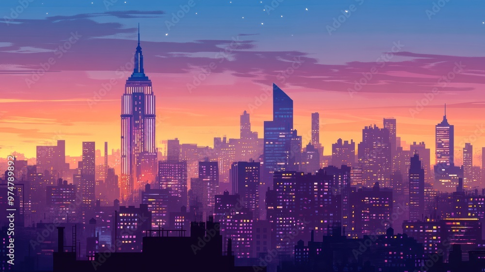 Illustrate New York at dusk, showcasing the blend of twilight and the glow of city lights. Illustrate New York at dusk, showcasing the blend of twilight and the glow of city lights.