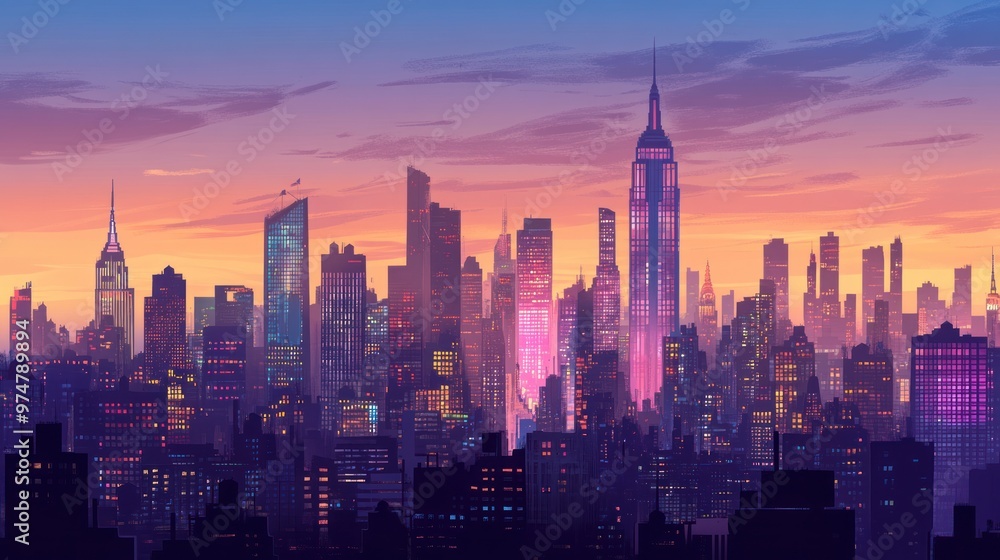 Fototapeta premium Illustrate New York at dusk, showcasing the blend of twilight and the glow of city lights.