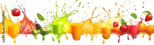 Bright, colorful fruit juice splashes isolated on a white background, with different colors and fruits in each splash. concept represents healthy eating or fresh drinks made with natural ingredient photo