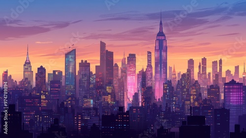 Illustrate New York at dusk, showcasing the blend of twilight and the glow of city lights.