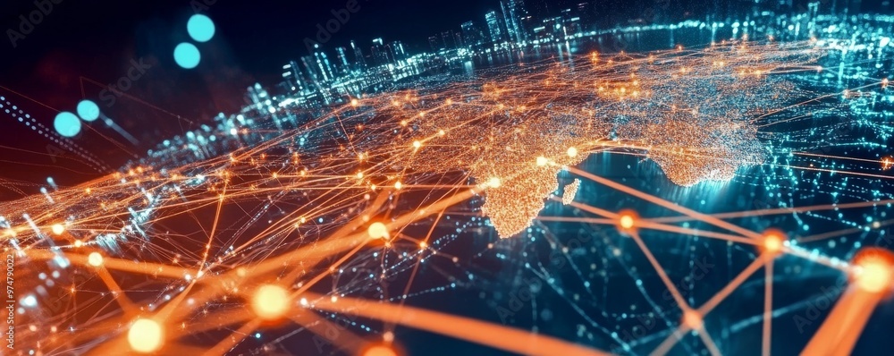 Fototapeta premium A stunning view of a connected world, showcasing vibrant network lines and data flow across continents.