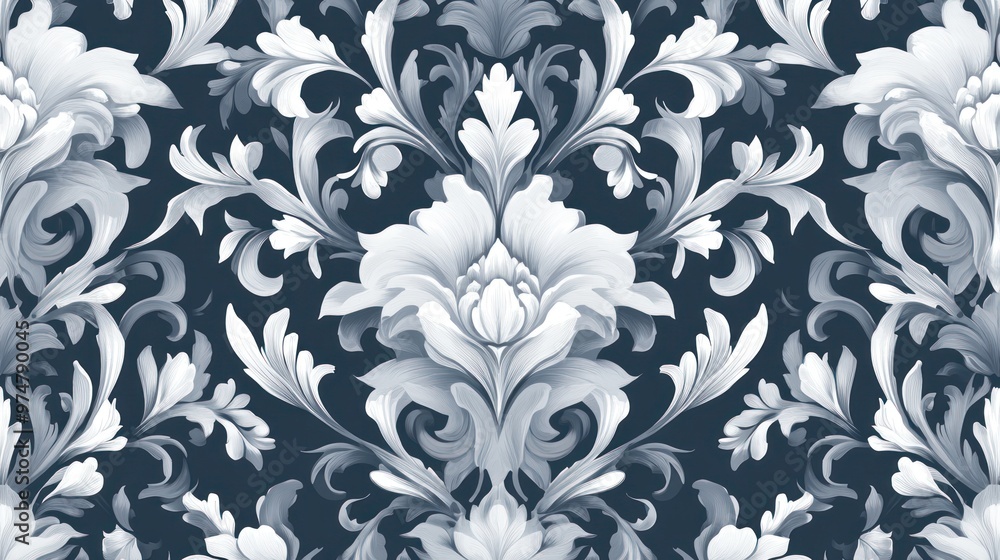 Describe a Baroque-style wallpaper with a seamless vector background, featuring white and grey floral ornaments. Describe a Baroque-style wallpaper with a seamless vector background, featuring white and grey floral ornaments.