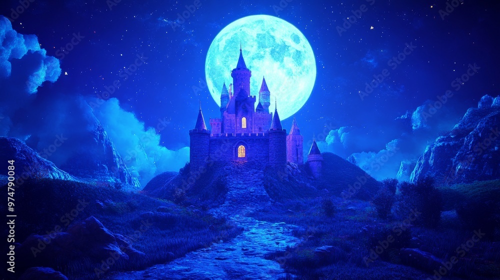 A captivating illustration of a glowing castle bathed in moonlight, set against a dramatic night sky with a radiant full moon, evoking a sense of mystery and fantasy. A captivating illustration of a glowing castle bathed in moonlight, set against a dramatic night sky with a radiant full moon, evoking a sense of mystery and fantasy.