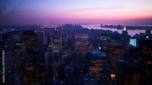 Describe the dusk in New York, capturing the cityscape as the lights begin to twinkle.