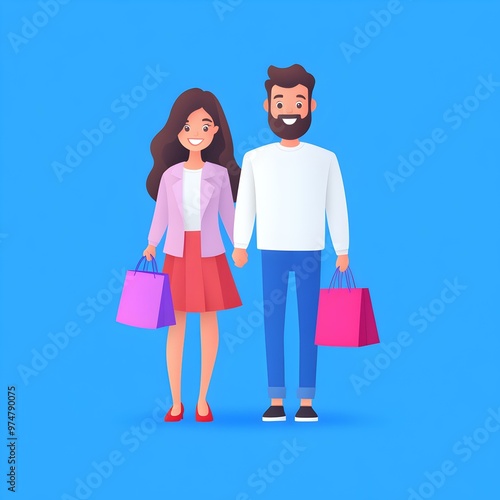 Joyful young couple, smiling together, holding colorful shopping bags, vibrant urban setting, showcasing their shared excitement and style.