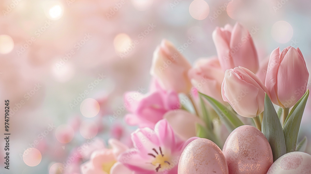 A beautiful Easter backdrop featuring soft tulips and Easter eggs, light pink and pastel tones, dreamy and serene, soft-focus background with delicate brush strokes, calming sunlight A beautiful Easter backdrop featuring soft tulips and Easter eggs, light pink and pastel tones, dreamy and serene, soft-focus background with delicate brush strokes, calming sunlight