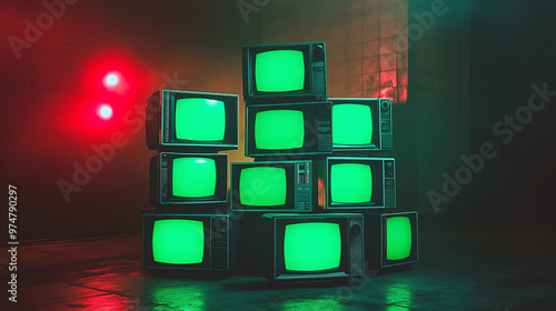 3d rendered stack of classical old televisions, aged green screen tv monitors, panorama vintage chrome key TVs, vintage video element cinematic red lighting composition dynamic scene photo