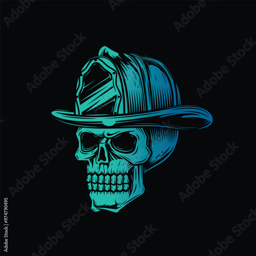 Human skull in a fire helmet. Firefighter. Original vector illustration in vintage style isolated on black background. T-shirt design.