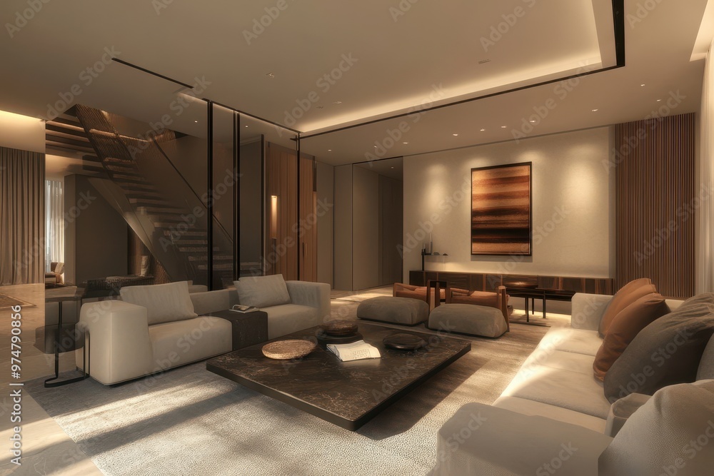 Modern living room with comfortable seating and a warm ambiance. Modern living room with comfortable seating and a warm ambiance.
