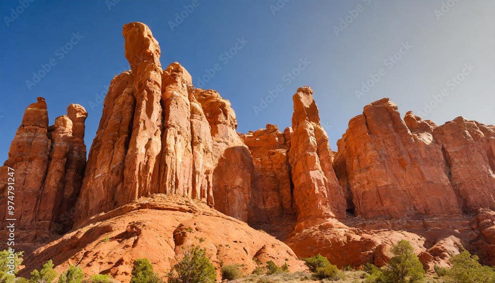 Towering Red Rock Formations Against a Cloudless Blue Sky, a Desert Paradise Towering Red Rock Formations Against a Cloudless Blue Sky, a Desert Paradise