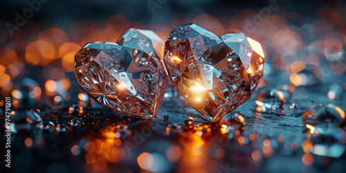 Two crystal hearts with sparkling details symbolize love and relationships. Perfect for celebrating Valentine's Day, love confessions, and romantic moments.