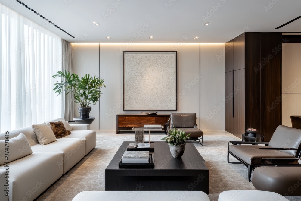 Fototapeta premium Modern living room with minimalist decor and natural light.