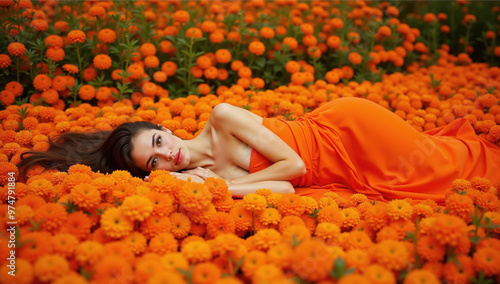 Woman lying in a field of orange flowers, embracing the beauty of nature