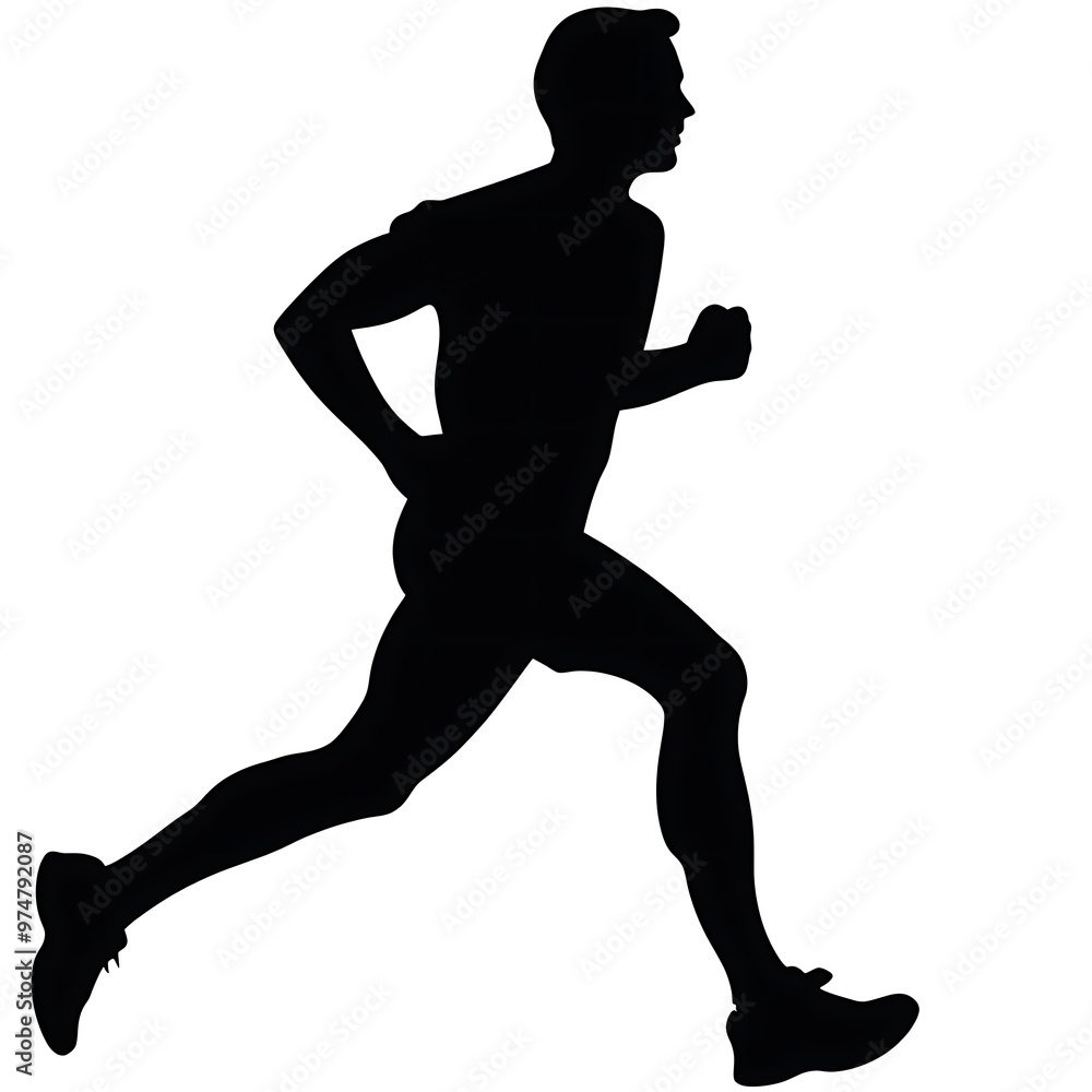 A black silhouette of a man running in mid-stride against a white background. A black silhouette of a man running in mid-stride against a white background.