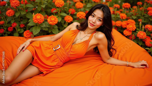 Smiling woman in an orange dress posing confidently in a bed of orange flowers