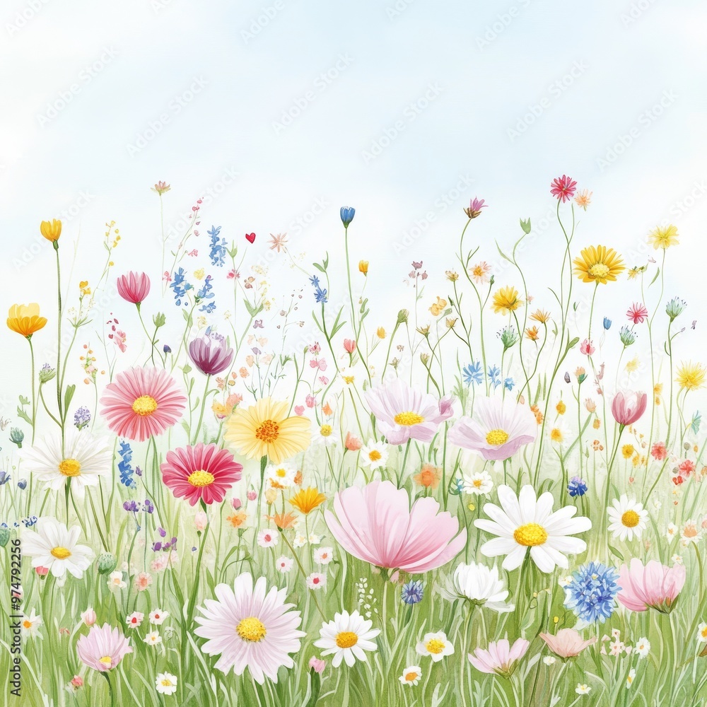 A vibrant, colorful field of wildflowers under a clear sky, showcasing nature's beauty and diversity in full bloom. A vibrant, colorful field of wildflowers under a clear sky, showcasing nature's beauty and diversity in full bloom.