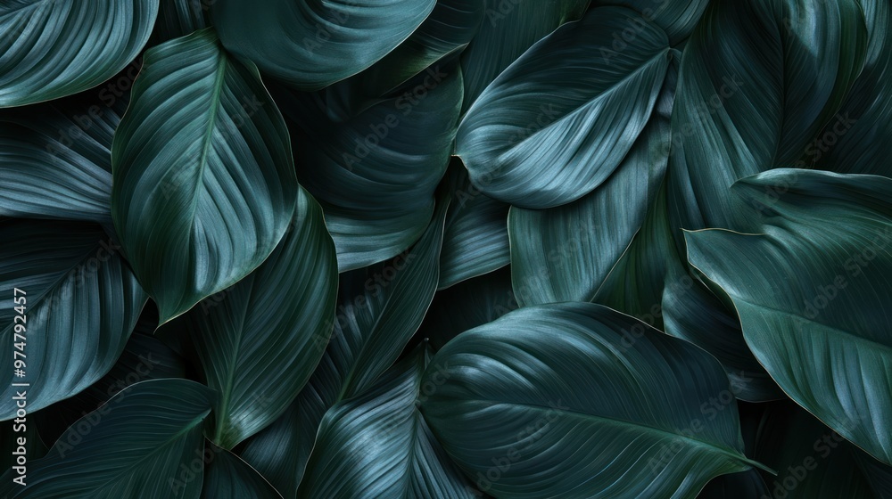 Depict an abstract dark green texture with Spathiphyllum cannifolium leaves, perfect for nature and tropical backgrounds. Depict an abstract dark green texture with Spathiphyllum cannifolium leaves, perfect for nature and tropical backgrounds.