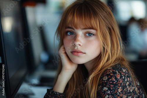 Female office worker sitting in front of computer in modern office