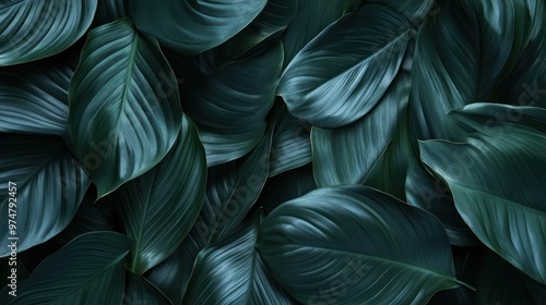 Depict an abstract dark green texture with Spathiphyllum cannifolium leaves, perfect for nature and tropical backgrounds.