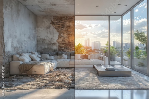 splitscreen comparison of dated vs modern apartment interiors left side shows worn outdated decor right side showcases sleek renovated spaces with large windows photo