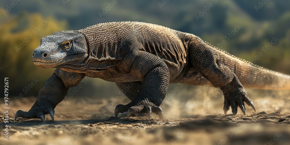 Komodo dragon running, kicking up dust. Komodo dragon running, kicking up dust.