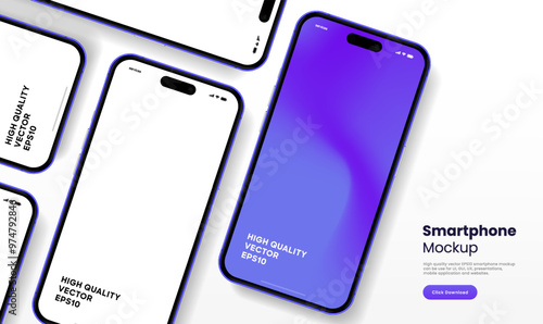 Realistic smartphone mockup. Mobile phone vector with isolated on white background. Device front view. 3D mobile phone with shadow. Realistic, high quality smart phone mockup for ui ux presentation.