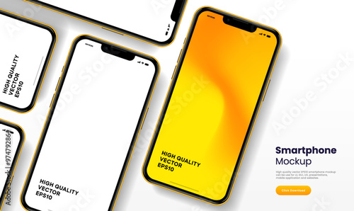 Realistic smartphone mockup. Mobile phone vector with isolated on white background. Device front view. 3D mobile phone with shadow. Realistic, high quality smart phone mockup for ui ux presentation.