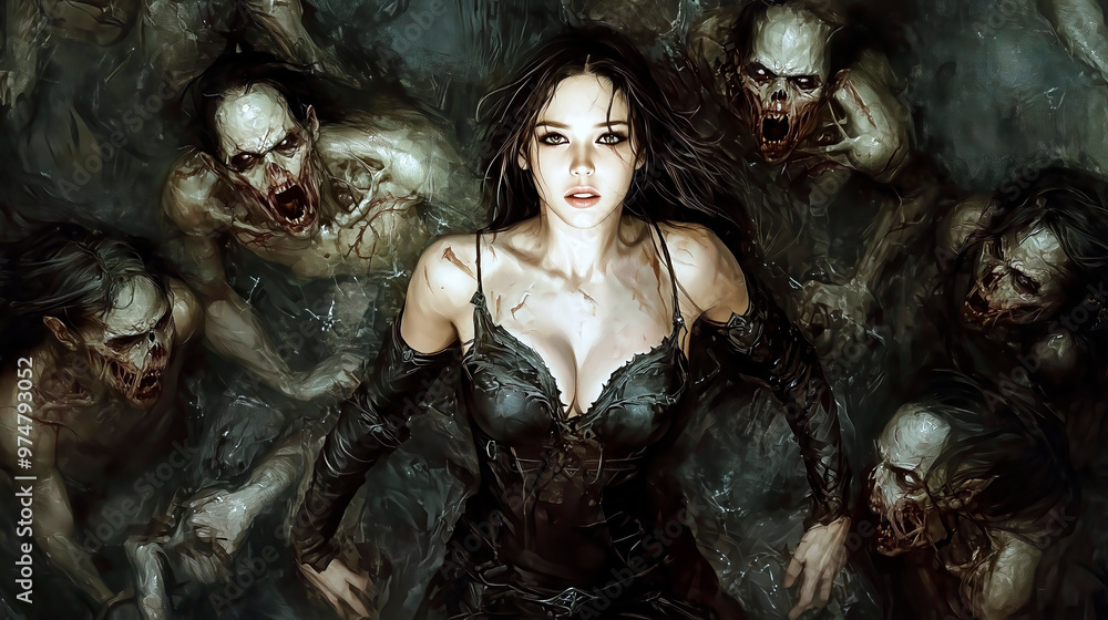 Woman fighting with zombies in dark water fantasy scene Woman fighting with zombies in dark water fantasy scene