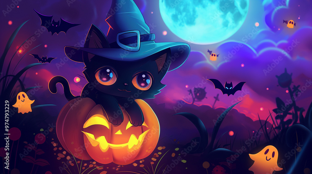 A chibi-style black cat wearing a witch hat, sitting on a glowing pumpkin, with tiny ghosts floating around. The background is a magical night with a full moon and floating stars. A chibi-style black cat wearing a witch hat, sitting on a glowing pumpkin, with tiny ghosts floating around. The background is a magical night with a full moon and floating stars.