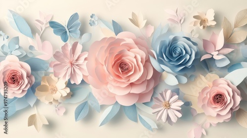Create an image of a horizontal floral pattern in 3D with cut paper flowers like roses, daisies, and dahlias, along with butterflies and leaves in pastel tones.