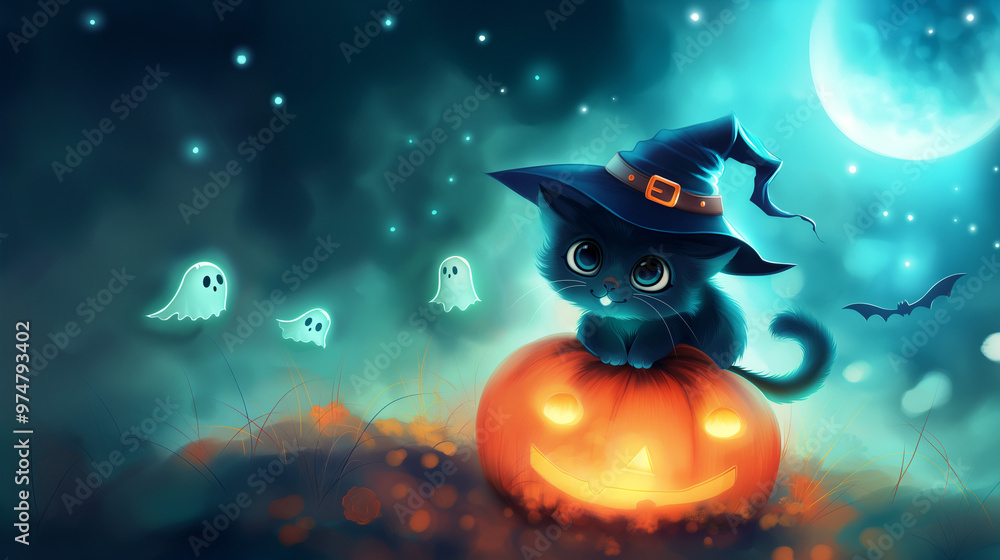 Naklejka premium A chibi-style black cat wearing a witch hat, sitting on a glowing pumpkin, with tiny ghosts floating around. The background is a magical night with a full moon and floating stars.