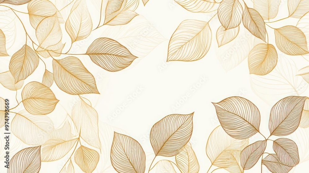 Design a luxury wallpaper with gold leaf accents and a natural background, featuring line art of leaves. Design a luxury wallpaper with gold leaf accents and a natural background, featuring line art of leaves.