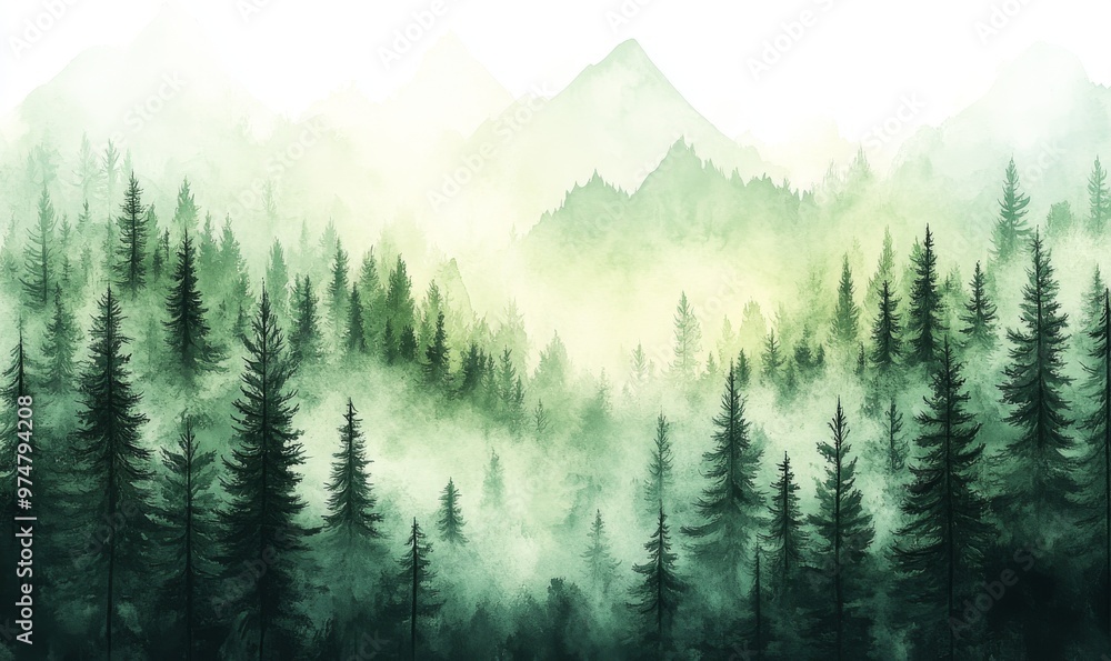Mist-covered Forest Landscape During Early Morning With Tall Evergreen Trees in Serene Atmosphere Mist-covered Forest Landscape During Early Morning With Tall Evergreen Trees in Serene Atmosphere
