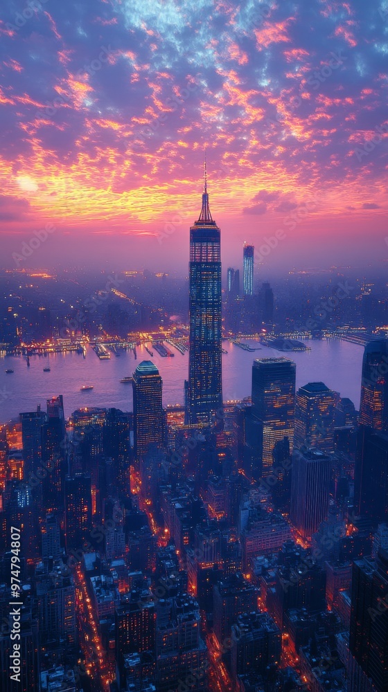 Fototapeta premium Manhattan Skyline at Dusk with Vivid Pink Sky