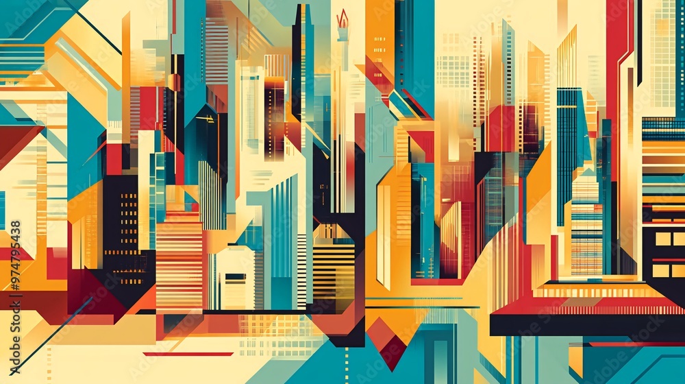 Abstract geometric cityscape illustration with vibrant colors. Abstract geometric cityscape illustration with vibrant colors.
