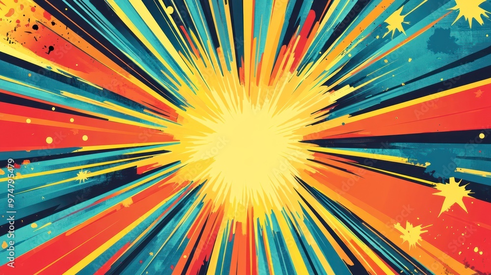 Depict a vibrant background with overlapping starburst shapes in comic book style, perfect for energy and excitement. Depict a vibrant background with overlapping starburst shapes in comic book style, perfect for energy and excitement.