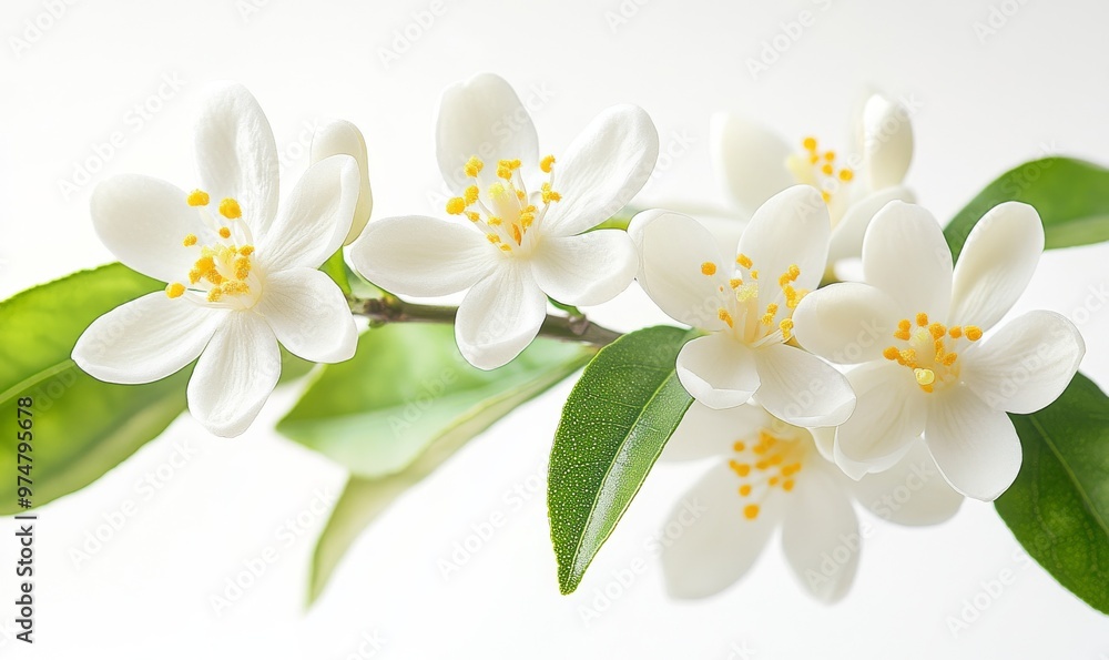 Beautiful White Flowers With Yellow Centers Blooming on a Branch Against a Light Background Beautiful White Flowers With Yellow Centers Blooming on a Branch Against a Light Background