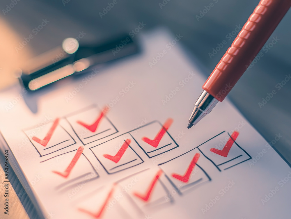 A checklist with red marker check marks indicates progress and completion. pen poised above paper suggests ongoing tasks and organization A checklist with red marker check marks indicates progress and completion. pen poised above paper suggests ongoing tasks and organization