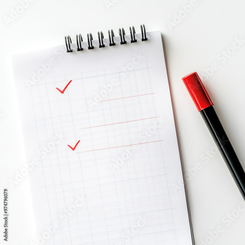 A checklist on clean surface with pen and red marker, conveying sense of organization and productivity. bright colors enhance visual appeal