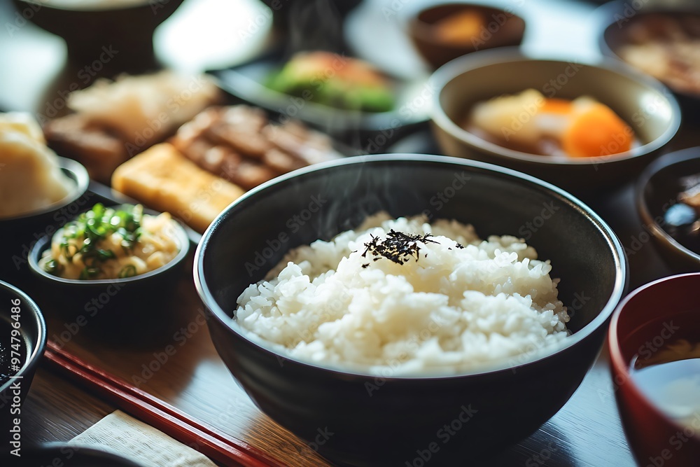 Steaming bowl of white rice served on table with variety of japanese dishes Steaming bowl of white rice served on table with variety of japanese dishes