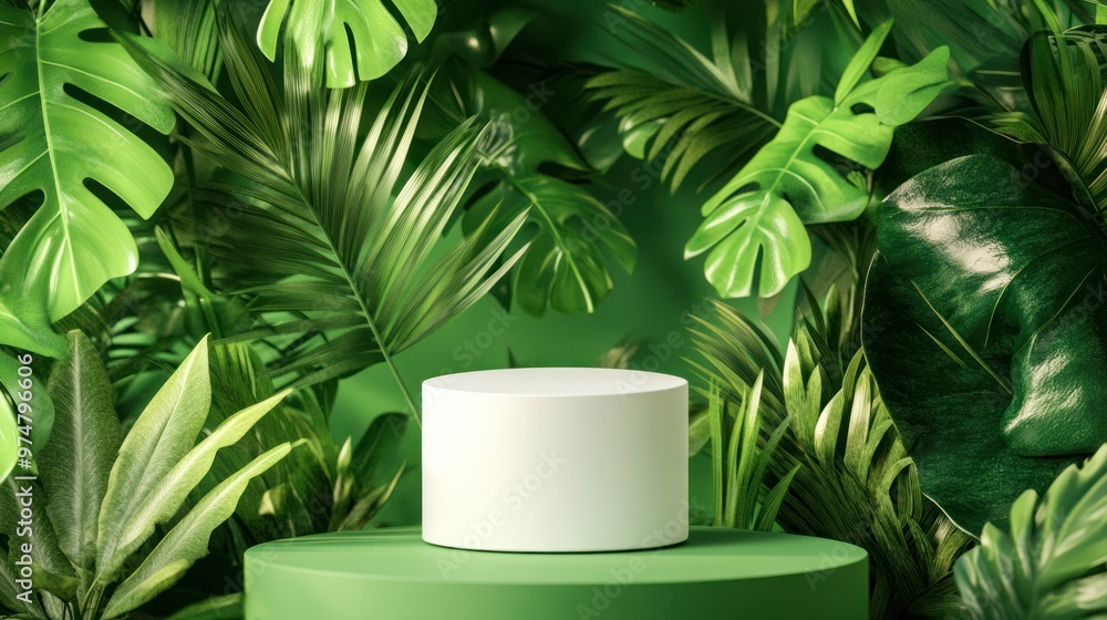 Depict a white cylindrical podium on a green surface with a leafy backdrop, ideal for showcasing natural and eco-friendly products. Depict a white cylindrical podium on a green surface with a leafy backdrop, ideal for showcasing natural and eco-friendly products.