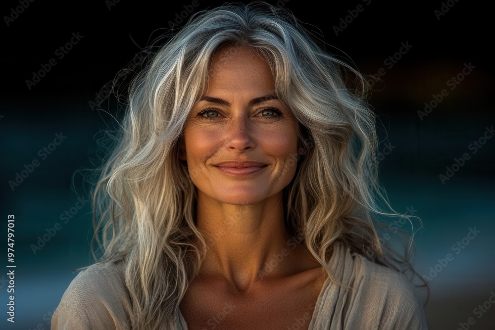 sunkissed beach portrait radiant mature woman windswept silver hair genuine smile golden hour glow ocean backdrop casual linen attire joy and contentment emanate from her relaxed posture sunkissed beach portrait radiant mature woman windswept silver hair genuine smile golden hour glow ocean backdrop casual linen attire joy and contentment emanate from her relaxed posture