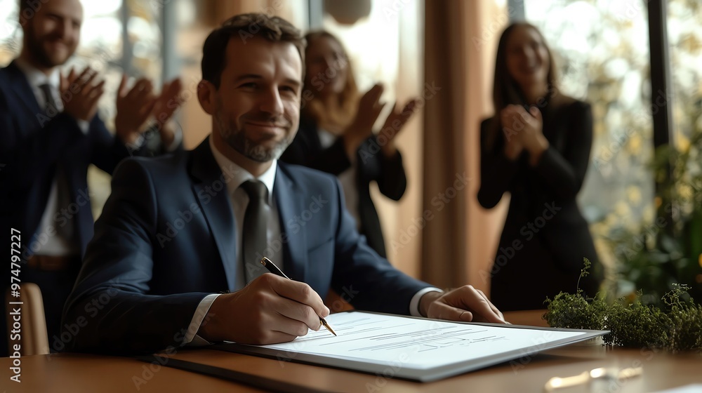 A confident man signs a document while colleagues applaud, showcasing teamwork and achievement in a modern office setting. A confident man signs a document while colleagues applaud, showcasing teamwork and achievement in a modern office setting.