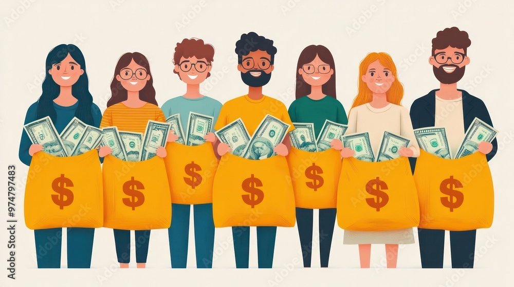 A collection of people holding large bags of money, illustrating financial profit, income from investments, and capital gains, all in a vibrant vector style. A collection of people holding large bags of money, illustrating financial profit, income from investments, and capital gains, all in a vibrant vector style.