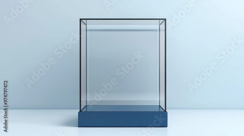 Illustrate an empty glass case with a blue base  suitable for displaying products  awards  or collectibles. Perfect for online stores and marketing materials.